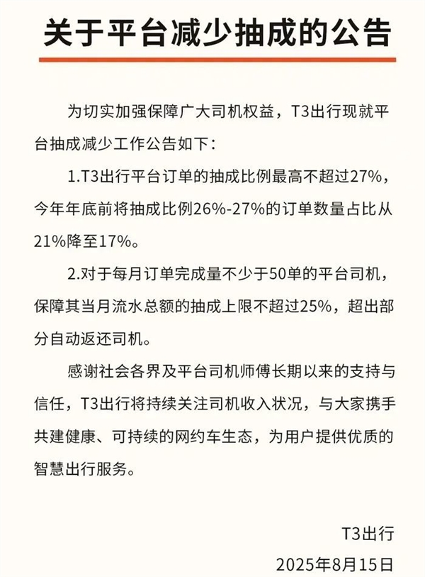 网约车平台集体宣布将降低抽成:订单抽成上限不超27%