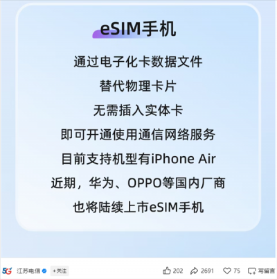 手机无卡时代来了！中国电信：华为、OPPO等将陆续上市eSIM手机