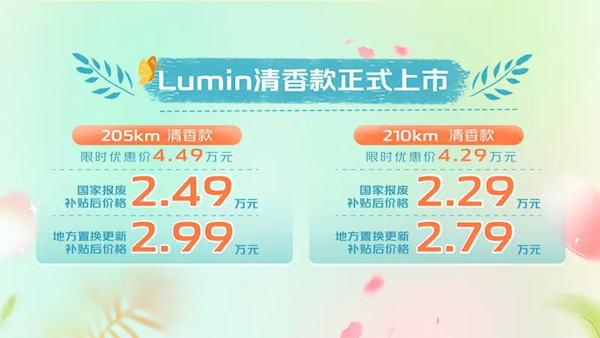 硬刚宏光MINI EV！长安Lumin清香款正式上市：补贴后2.29万起