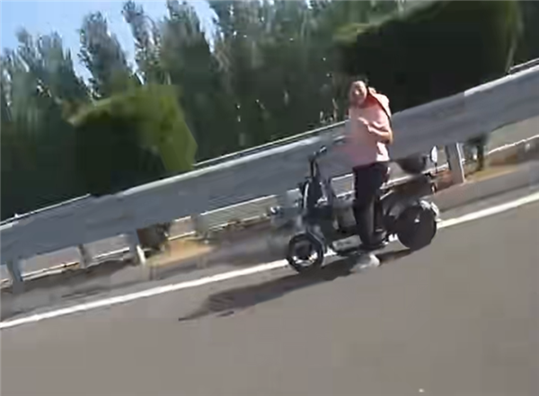 脊背发凉:女子骑电动自行车上高速 在最左侧车道逆行