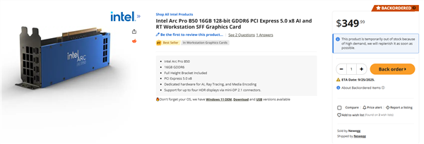 上市十天：Intel锐炫Pro B50火速登顶畅销榜首！16GB大显存2999元