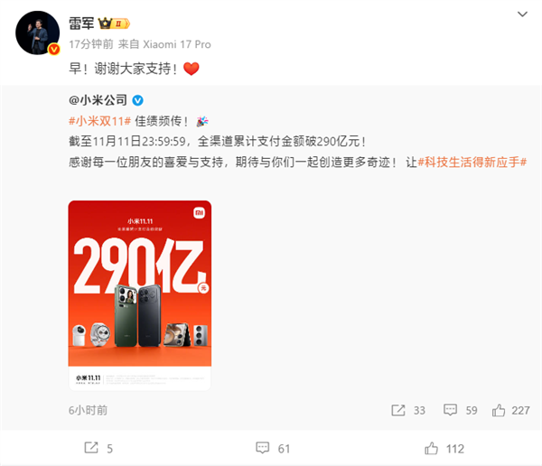 小米双11销售额破290亿！雷军：谢谢大家支持