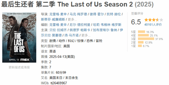 豆瓣6.5分！《最后生还者》S2获TGA最佳改编提名