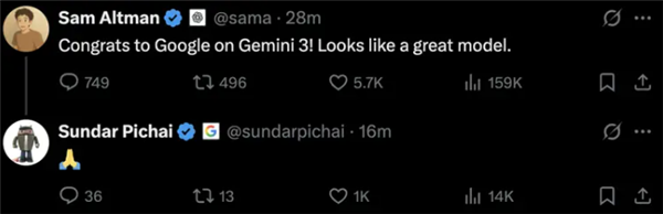 谷歌Gemini 3.0 Pro屠榜 马斯克奥特曼祝贺点赞