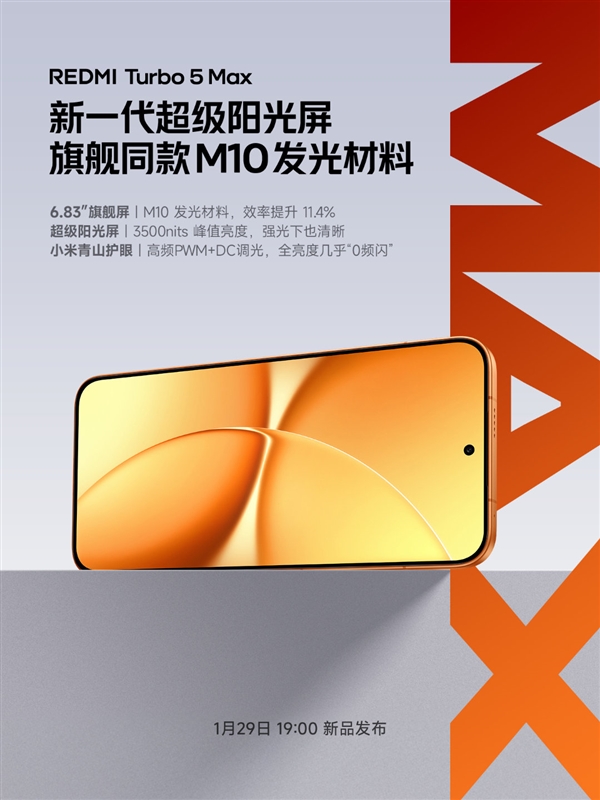 REDMI Turbo 5 Max搭载新一代超级阳光屏：6.83英寸、3500nits亮度 Max 第1张