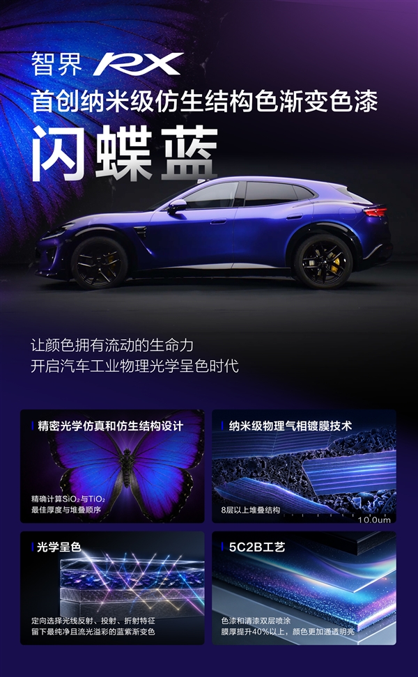 首创纳米级仿生结构色渐变车漆！智界RX“闪蝶蓝”官图发布