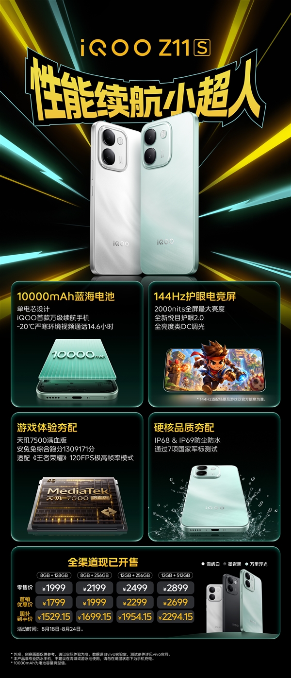 一图读懂iQOO Z11S：万级大电池+天玑7500满血芯片 1799元起