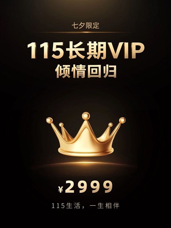 2999元!115长期VIP回归 不再赠送网盘空间